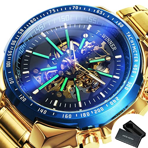 YONY Offizielle automatische mechanische goldene Uhr Herren Big Case Luxus Mode Skelett leuchtendes Business-BO GOLDEN Blue Black von YONY