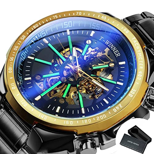 YONY Offizielle automatische mechanische goldene Uhr Herren Big Case Luxus Mode Skelett leuchtendes Business-BO SCHWARZ Gold SCHWARZ von YONY