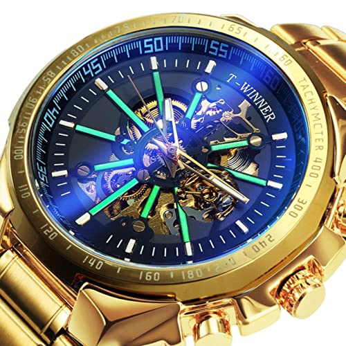 YONY Offizielle automatische mechanische goldene Uhr für Herren, großes Gehäuse, luxuriöses Mode-Skelett, leuchtendes Business-GOLDEN GOLDEN Black von YONY