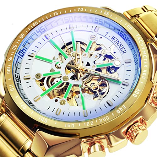 YONY Offizielle automatische mechanische goldene Uhr für Herren, großes Gehäuse, luxuriöses Mode-Skelett, leuchtendes Business-GOLDEN GOLDEN White von YONY