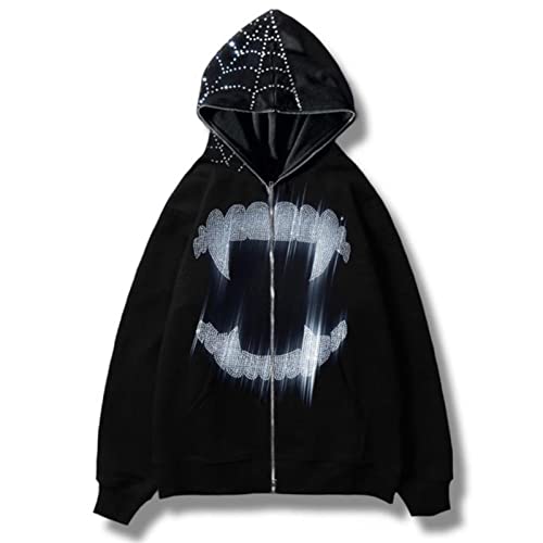 YONY Spider Web Skeleton Print Schwarz Y2k Langarm Full Zip Hoodies Übergroße Jacke Fashion Hot-selling-653-black,M von YONY