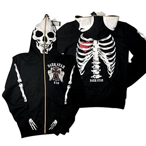 YONY Spider Web Skeleton Print Schwarz Y2k Langarm-Kapuzenpullis mit durchgehendem Reißverschluss Übergroße Jacke Fashion Hot-selling-636-schwarz,S von YONY