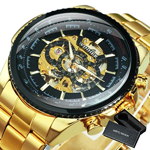 YONY Uhr für Männer Skelett automatische mechanische Armbanduhren Top-Marke Luxus Gold Leder-BO Gold SCHWARZ von YONY