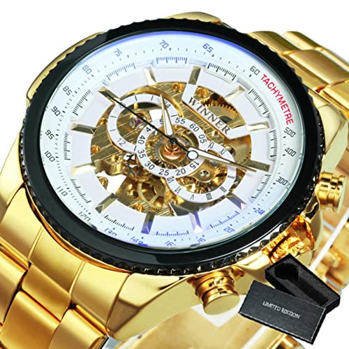 YONY Uhr für Männer Skelett automatische mechanische Armbanduhren Top-Marke Luxus Gold Leder-BO Gold Weiss von YONY