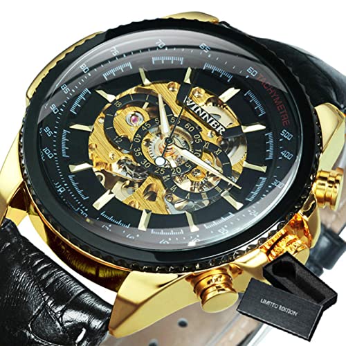 YONY Uhr für Männer Skelett automatische mechanische Armbanduhren Top-Marke Luxus   Gold Leder-BO L Gold SCHWARZ von YONY