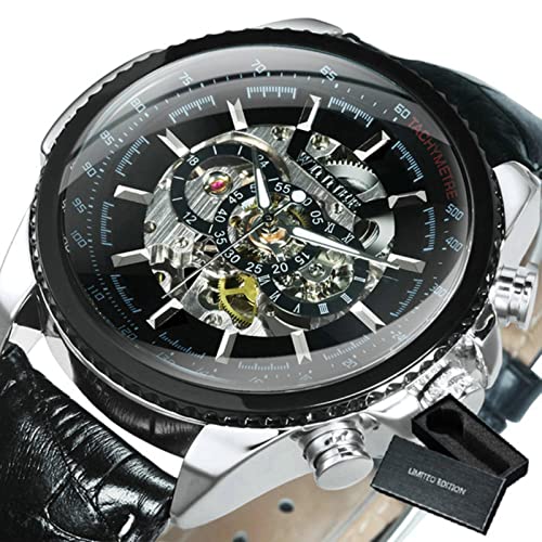 YONY Uhr für Männer Skelett automatische mechanische Armbanduhren Top-Marke Luxus Gold Leder-BO L Silber SCHWARZ von YONY