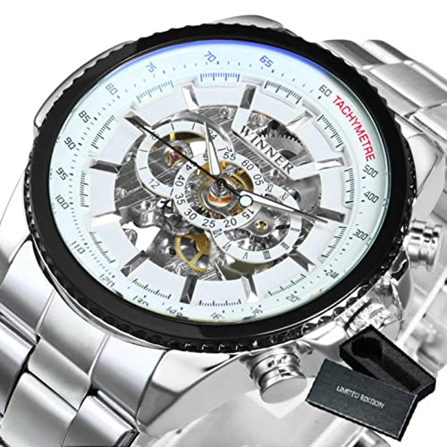 YONY Uhr für Männer Skelett automatische mechanische Armbanduhren Top-Marke Luxus Gold Leder-BO Silver White von YONY