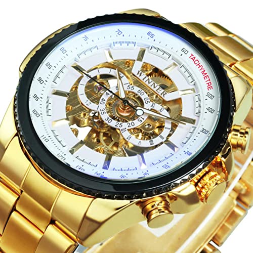 YONY Uhr für Männer Skelett automatische mechanische Armbanduhren Top-Marke Luxus Gold Leder-Gold Weiss von YONY