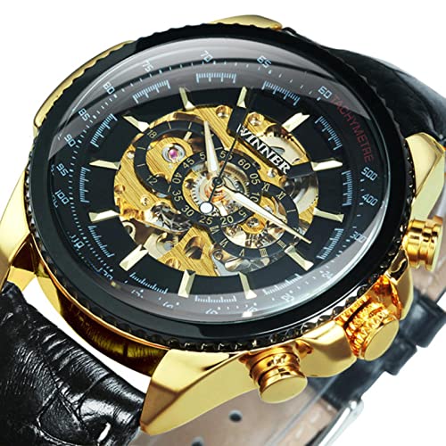 YONY Uhr für Männer Skelett automatische mechanische Armbanduhren Top-Marke Luxus Gold Leder-Leder Gold SCHWARZ von YONY