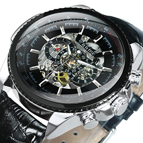 YONY Uhr für Männer Skelett automatische mechanische Armbanduhren Top-Marke Luxus Gold Leder-Leder Silber SCHWARZ von YONY