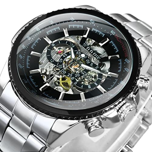 YONY Uhr für Männer Skelett automatische mechanische Armbanduhren Top-Marke Luxus Gold Leder-Silber SCHWARZ von YONY