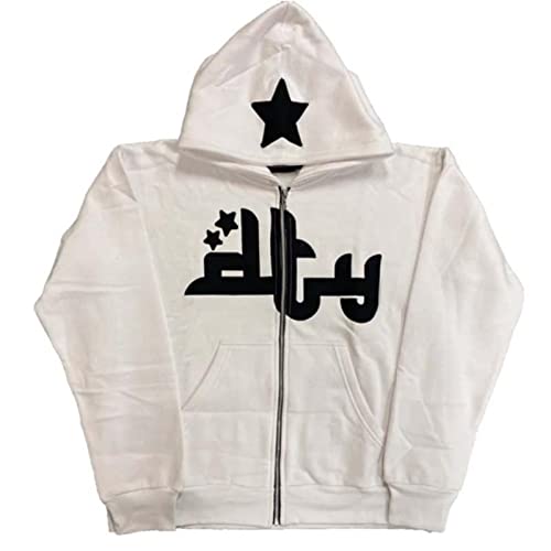 YONY Y2K Herren Hoodies Fashion Star Graphics Print Kapuzen Sweatshirts Sport Coat Gothic Übergroße Frauen Zip Up Hoodies Jacket-EA01123-WHITE,L von YONY