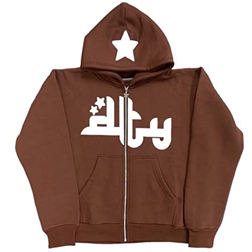 YONY Y2K Herren Hoodies Fashion Star Graphics Print Kapuzen-Sweatshirts Sport Mantel Gothic Oversized Damen Zip Up Hoodies Jacket-EA01123-coffee 2XL, Ea01123-kaffee von YONY