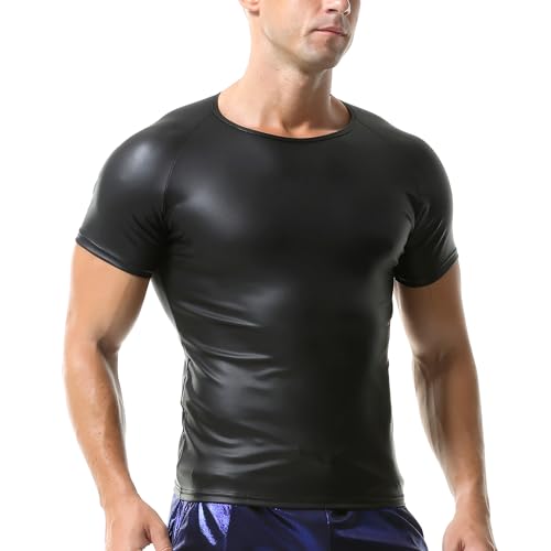Herren Kunstleder Unterhemd Kurzarm T-Shirt Männer Muskelshirt Top Rundhalsausschnitt Unterhemden von YOOBNG