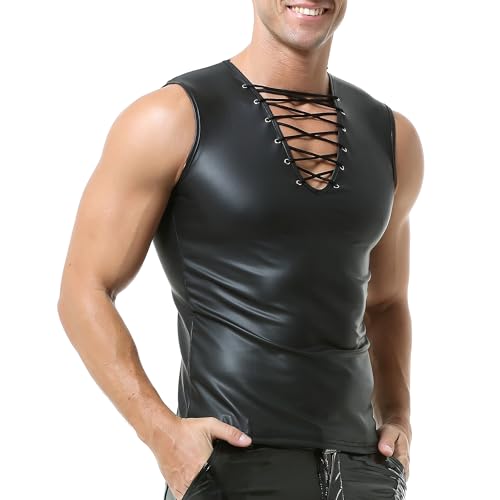 Herren Kunstlederweste Ärmelloses Shirt Wet Look Kordelzug V Hals Unterhemd Clubwear Herren Kunstlederweste Ärmelloses Shirt Wet Look Kordelzug V Hals Unterhemd Clubwear von YOOBNG