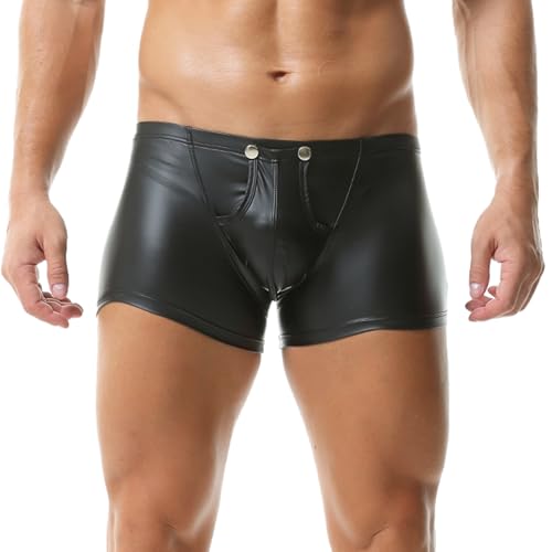 YOOBNG Herren PU Leder Boxershorts Elastische Taille Rave Hot Short Pants Open Front Clubwear von YOOBNG