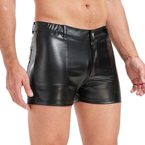 YOOBNG Herren Schwarze Leder Boxer Shorts Elastische Taille Rave Heiße Shorts mit Rückentaschen Clubwear von YOOBNG