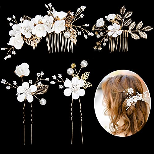 YOOBNG Braut Hochzeit Blume Haarnadeln, 4 Stück Brautschmuck Haarschmuck Hochzeit mit Blumen Perlen Blatt, Braut Haarkamm Haarschmuck Hochzeit Haarspangen für Frauen Mädchen und Brautjungfer (Weiß) von YOOBNG