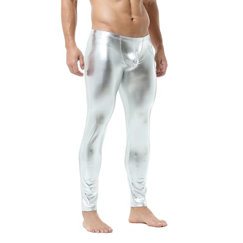 YOOBNG Kompressionshose für Herren, Skinny Slim Leder Leggings Hose für Männer, silber, 31-35 von YOOBNG