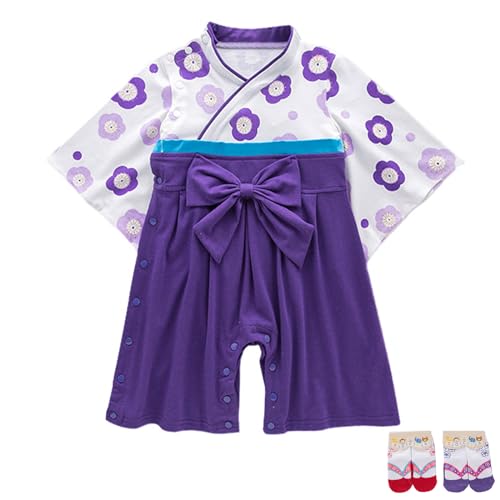 YOOCHUENG Baby Bodysuits Kimono Strampler Langarm Japanischer Baby Kimono Kleinkinder Onesies aus Baumwolle für Baby Mädchen mit 2 Paar Socken,Lila,70(Passend für 9-12M) von YOOCHUENG