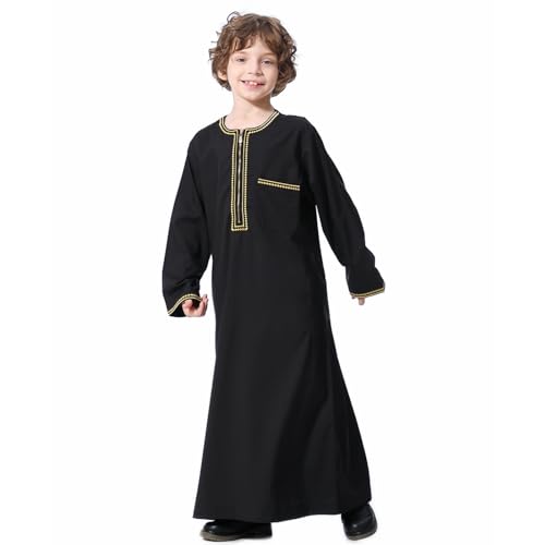 YOOCHUENG Kinder Abaya Kaftan,Muslimische Jungen Jubba Thobe,Kaftan Kinder Jungen,Gebetskleidung für Kinder,Dubai Langarm Jubba Thobe für Jungen,Eid Kleider,Schwarz,130(Geeignet für 7-8 Jahre) von YOOCHUENG