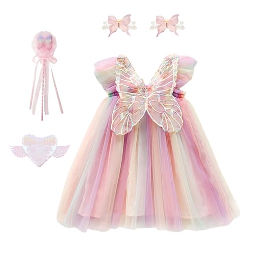 YOOCHUENG Kleider Set für Mädchen Schmetterling Tüllkleid Ärmellose Prinzessin Tutukleid für Festlich Hochzeit,Taufkleider Geburtstag Outfit Geschenk (130 cm,6–7 Jahre) von YOOCHUENG