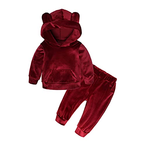 YOOJIA Baby Jogginganzug Kapuzenpullover mit Jogginghose Unisex Mädchen Jungen Sportanzug Hoodie Bekleidung Outfit Set für Kleinkinder Herbst Winter B Burgundy 86-92 von YOOJIA