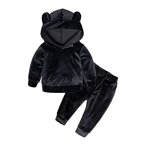 YOOJIA Baby Jogginganzug Kapuzenpullover mit Jogginghose Unisex Mädchen Jungen Sportanzug Hoodie Bekleidung Outfit Set für Kleinkinder Herbst Winter B Schwarz 86-92 von YOOJIA