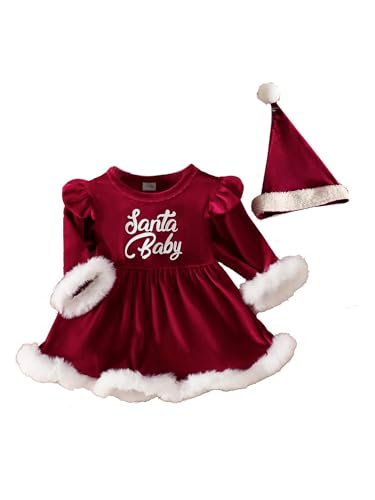 YOOJIA Baby Weihnachtsoutfit Mädchen Weihnachtskleid Strampler Kleid mit Mütze Prinzessin A-Linie Kleid Weihnachten Kostüm Rot 62-68 von YOOJIA