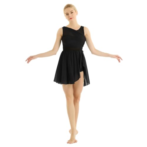 YOOJIA Damen Ballettkleid Chiffon Ärmellos Ballettkleidung Asymmetrisches Tanzkleid Latin Tango Tanz Kostüm Trikot Kleid Tanz-Body Gymnastikanzug Schwarz XXL von YOOJIA