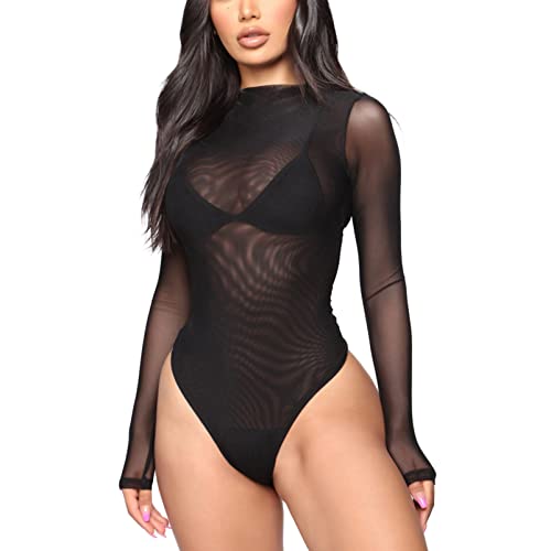 YOOJIA Damen Body Durchsichtig Netz Bodysuit Stringbody Negligee Spitze Lingerie Teddy Body Unterhemd Overall Catsuit Dessous Reiwäsche Schwarz B S von YOOJIA