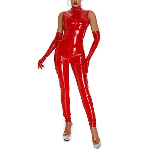 YOOJIA Damen Einteiler Wetlook Kunstleder Bodysuit Latex Jumpsuit Overall Kurzarm Stehkragen Doppel Reißverschluss Body Rot ohne Handschuhe 5XL von YOOJIA