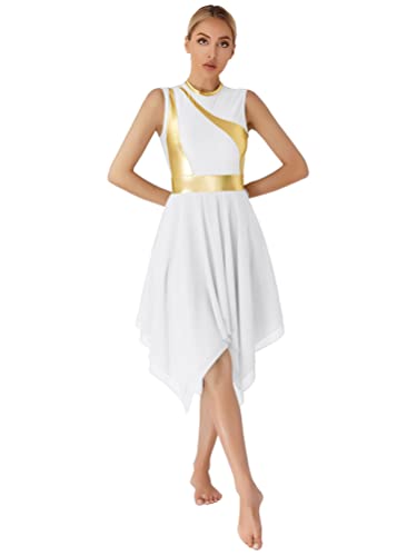 YOOJIA Damen Glänzend Metallic Tanzkleider Ballettkleid Eiskunstlauf Kleider Ärmellos Ballettanzug Tanzkleidung Tango Salsa Lateinkleid Weiss XL von YOOJIA