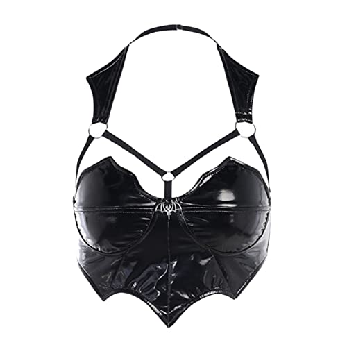 YOOJIA Damen Gothic Punk Crop Top Sexy Wetlook Oberteil Bauchfrei Langarm Shirt Lackleder Tank Top mit Schnallen Gogo Top Party Clubwear Schwarz G L von YOOJIA