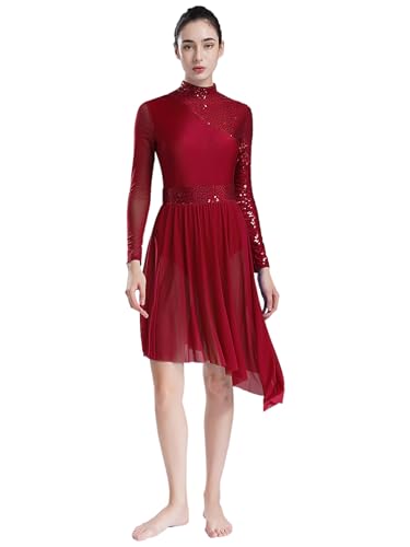 YOOJIA Damen Liturgisch Lob Kleid Spleiß Lyrisch Tanzkleider Langarm Rumba Tango Kleid Ballsaal Eiskunstlauf Kleid Burgundy M von YOOJIA