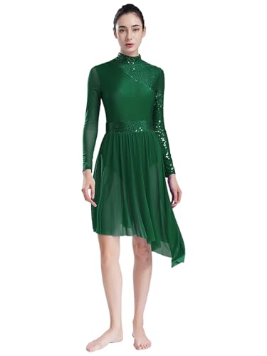 YOOJIA Damen Liturgisch Lob Kleid Spleiß Lyrisch Tanzkleider Langarm Rumba Tango Kleid Ballsaal Eiskunstlauf Kleid Grün M von YOOJIA