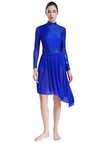 YOOJIA Damen Liturgisch Lob Kleid Spleiß Lyrisch Tanzkleider Langarm Rumba Tango Kleid Ballsaal Eiskunstlauf Kleid Königsblau XXL von YOOJIA