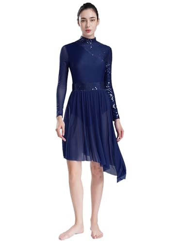 YOOJIA Damen Liturgisch Lob Kleid Spleiß Lyrisch Tanzkleider Langarm Rumba Tango Kleid Ballsaal Eiskunstlauf Kleid Navy blau L von YOOJIA