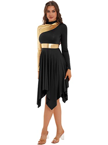 YOOJIA Damen Lob Kleid Metallic Langarm Tanzkleid Lyrischen Gebet Kleider Patchwork Ballettkleid mit Asymmetrischem Saum Rock Schwarz L von YOOJIA