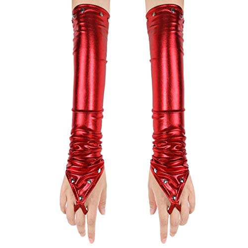 YOOJIA Damen Punk Wetlook Handschuhe Lange Fingerlos Lack Optik Armstulpen mit Nieten Gogo Tanz Kostüm Night Club Party Accessories A Rot Gesamtlänge 52 cm von YOOJIA