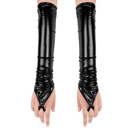 YOOJIA Damen Punk Wetlook Handschuhe Lange Fingerlos Lack Optik Armstulpen mit Nieten Gogo Tanz Kostüm Night Club Party Accessories A Schwarz Gesamtlänge 52 cm von YOOJIA