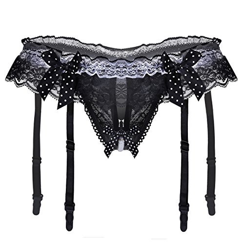 YOOJIA Damen Spitze Strings mit Strumpfhalter Strapsgürtel Lingerie Sissy Dessous Rüschen Slip G-String Erotik Unterwäsche mit Strumpfbändern Schwarz Einheitsgröße von YOOJIA