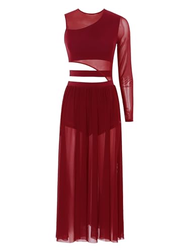 YOOJIA Damen Tanzkleid Eiskunstlauf Kleid Ballettanzug Lang Ballettkleid EIN Schulter Latein Rumba Tango Kleid Ballsaal Dancewear Burgundy XXL von YOOJIA