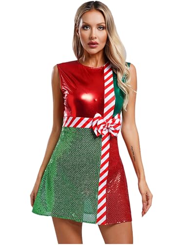 YOOJIA Damen Weihnachtskleid Ärmellos Metallic Glänzende Kleid Tanzkleid Party Kleider Weihnachtsfrau Kostüm Rot M von YOOJIA