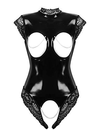 YOOJIA Damen Wetlook Bodysuit Sexy Leder-Optik Ouvert-Body Netz BH Teddy Body Einteiler Dessous Erotisch Unterwäsche Gogo Clubwear Nachtwäsche Schwarz B 5XL von YOOJIA