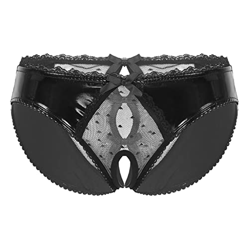 YOOJIA Damen Wetlook Ouvert Slip Offen Crotch Lack-Optik Höschen mit Kette und Seitlich Schnürung Reizwäsche aus Lackleder Schwarz A S von YOOJIA