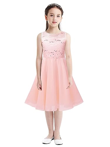 YOOJIA Festliche Kleider Mädchen Prinzessin Kleider Ärmellos Spitzen Chiffon Blumenmädchenkleid Hochzeit Festzug Partykleid Gr.92-164 Perl Rosa 152 von YOOJIA