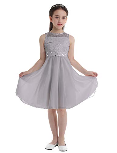 YOOJIA Festliche Kleider Mädchen Prinzessin Kleider Ärmellos Spitzen Chiffon Blumenmädchenkleid Hochzeit Festzug Partykleid Kommunionkleid Gr.92-164 Grau 140 von YOOJIA