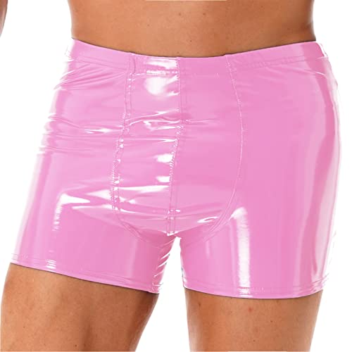 YOOJIA Herren Boxershorts Shiny Metallic Leder Shorts Wetlook Retroshorts Sexy Kurze Hose Unterhose Slim Fit Unterwäsche Sexy Hotpants Badehose Hot Pink XL von YOOJIA