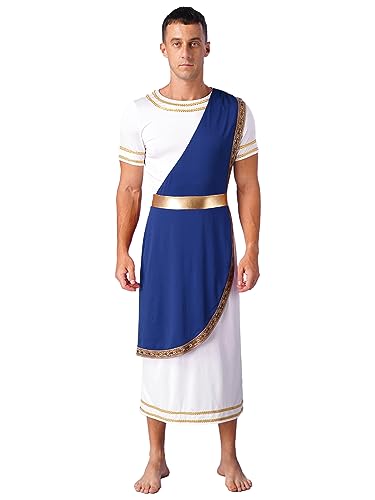 YOOJIA Herren Griechischer Gott Kostüm Kurzarm Retro Römische Toga Erwachsene Toga Kostüm Tunika mit Rand Blau XL von YOOJIA